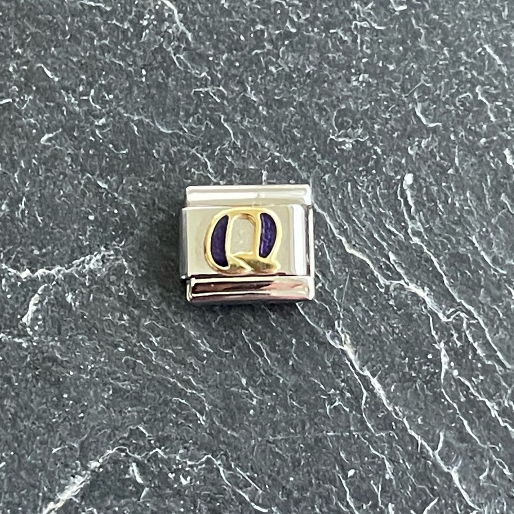 Zoppini Stainless Steel and Gold with blue enameled Q initial Charm Link